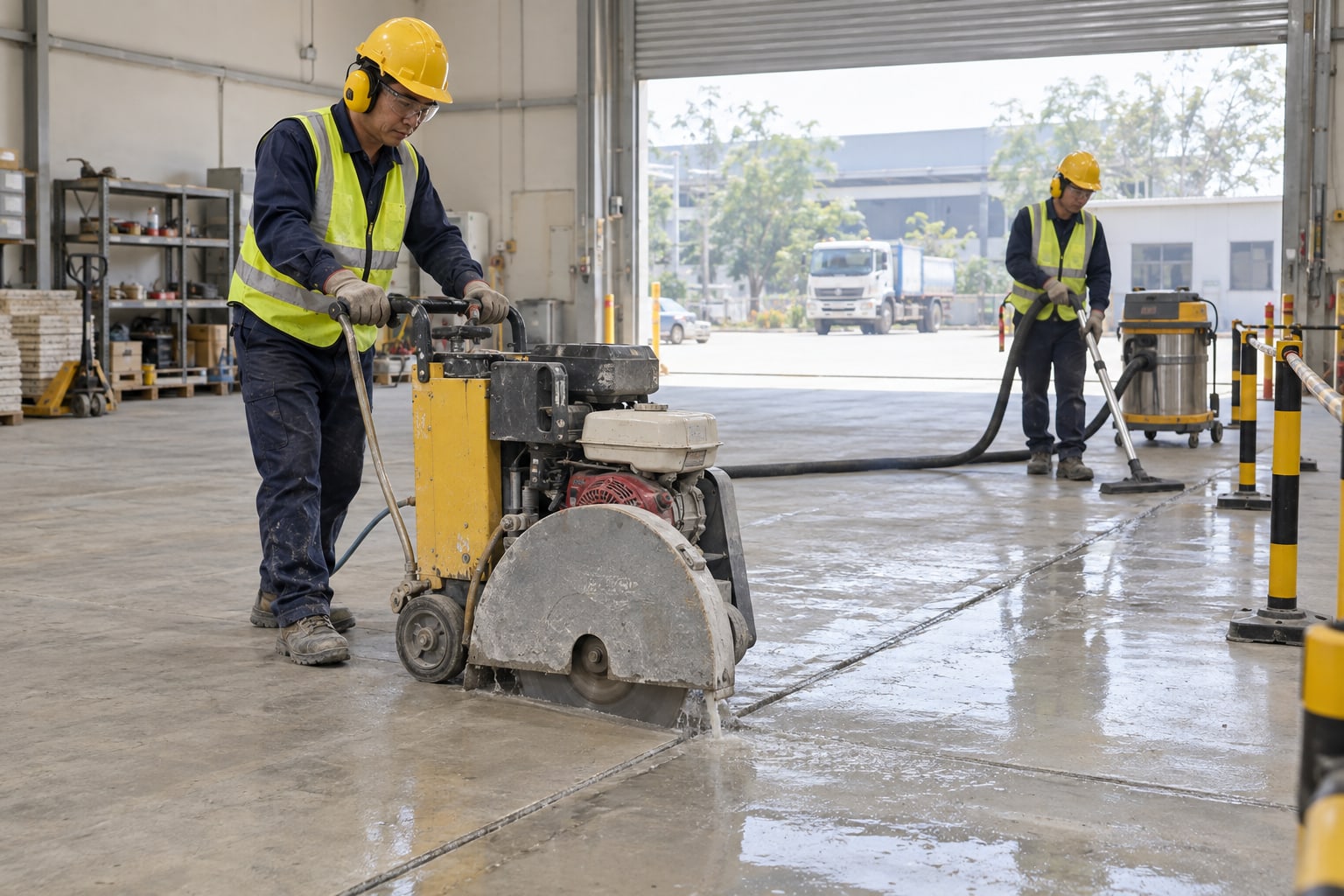 Minh họa cắt nền b&ecirc; t&ocirc;ng Thanh H&oacute;a bằng lưỡi kim cương v&agrave; thu gom b&ugrave;n