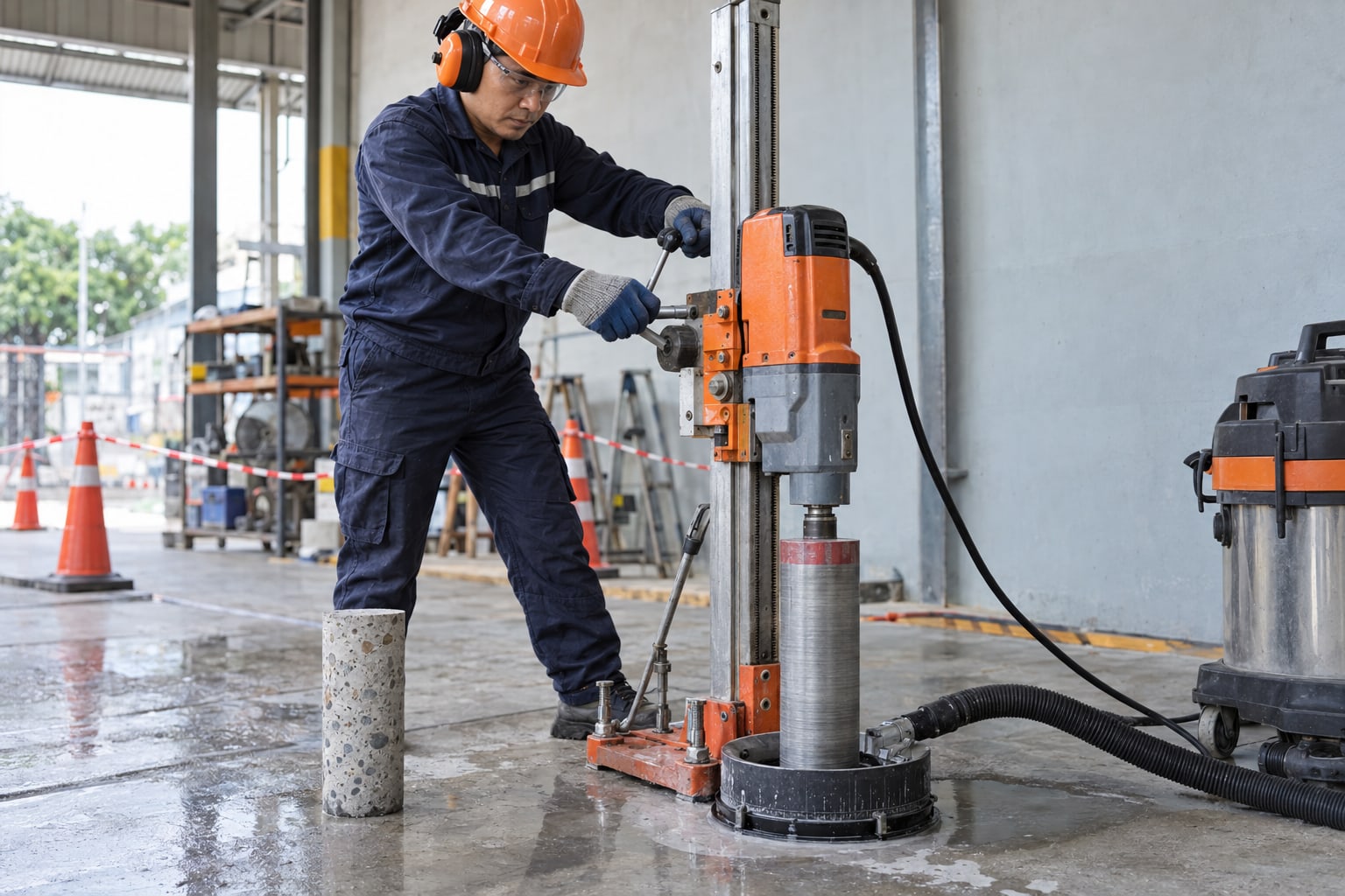 Minh họa m&aacute;y khoan r&uacute;t l&otilde;i xuy&ecirc;n s&agrave;n b&ecirc; t&ocirc;ng tại Thanh H&oacute;a với bộ thu nước